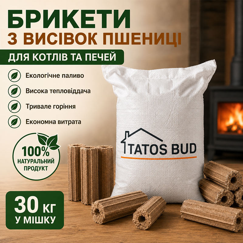 Брикети з висівок пшениці для котлів і печей у мішках по 30 кг